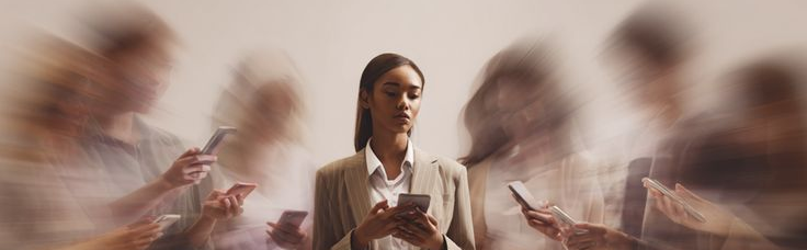 Healthcare buyer checking a phone in a busy crowd