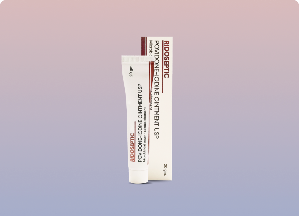 Ridoseptic Povidone-Iodine Ointment 10% tube and carton