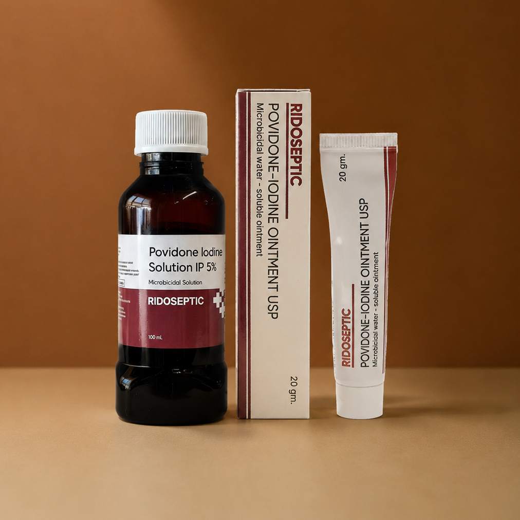 Ridoseptic solution bottle, ointment carton and tube